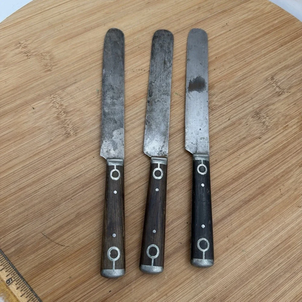 Vtg‎ American Cutlery Co (3)Wood Handle Knives Pewter Inlay Circle Design